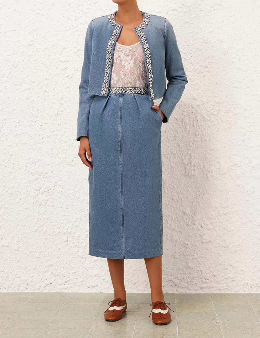 ZIMMERMANN Crush Embellished Denim Skirt